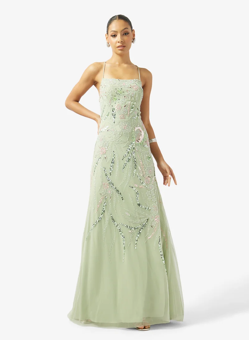 Floral Bead Embellished Evening Gown with Slit